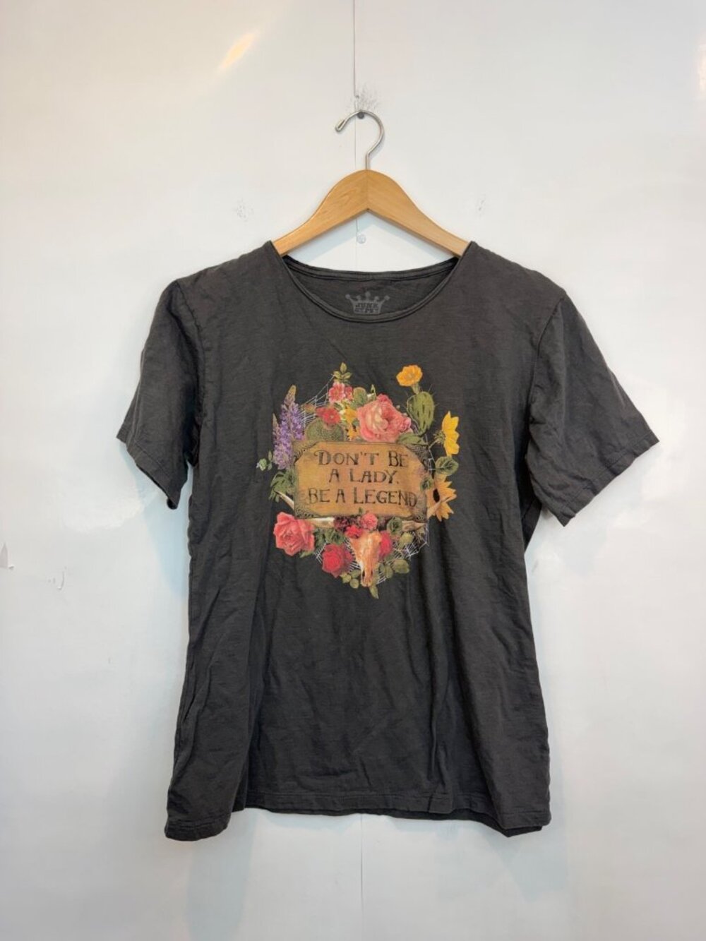 Junk Gypsy Women's Charcoal Be A Legend Tee Size Large Short Sleeve Boho Chic